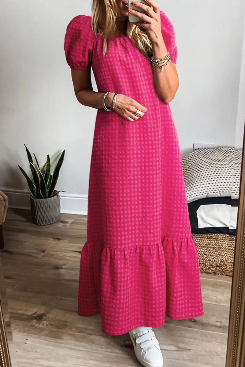 Rose Ginham Check Bubble Sleeve Ruffled Maxi Dress for Women - Love Salve
